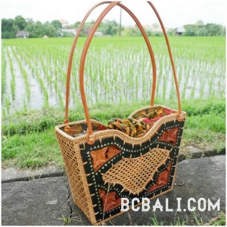 wooden handbag with grass straw rattan full handmade unique